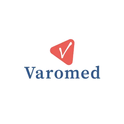 Logo Varomed mit rotem Dreieck und weißem Haken
