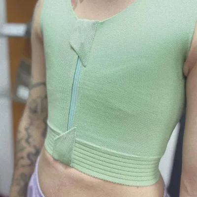 Grüne Kompressionsbandage mit Reißverschluss vorne am Oberkörper.