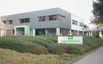 Petters Sanitätshaus Gera, Flachbau mit Schild hinter Hecken