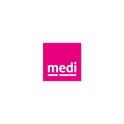 medi Logo auf pinkfarbenem Quadrat