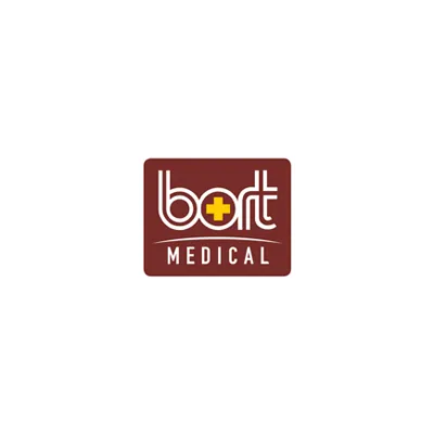 Bort Medical Logo, weiße Schrift mit gelbem Kreuz auf braunem Grund
