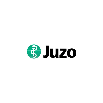 Juzo-Logo mit türkisem Äskulapstab-Symbol und schwarzem Schriftzug