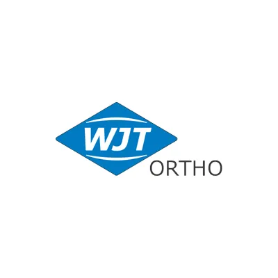 Logo WJT Ortho, blaue Raute mit weißer Schrift