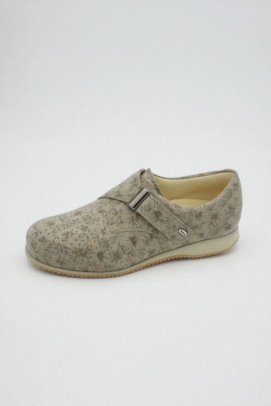 Orthopädischer Schuh mit Blumenmuster, Klettverschluss und heller Sohle